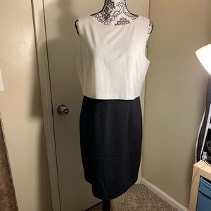 Sleek black and white dress, visible back zipper